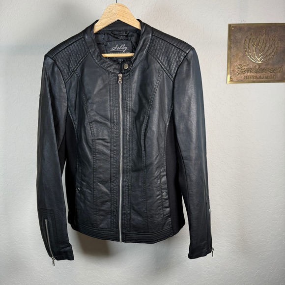 Sebby Collection Black Faux Leather Moto Jacket Quilted Zip Front Women L G - Picture 3 of 10